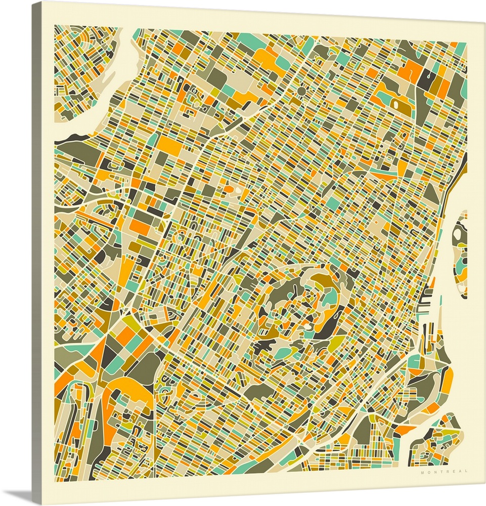 Colorfully illustrated aerial street map of Montreal, Canada on a square background.