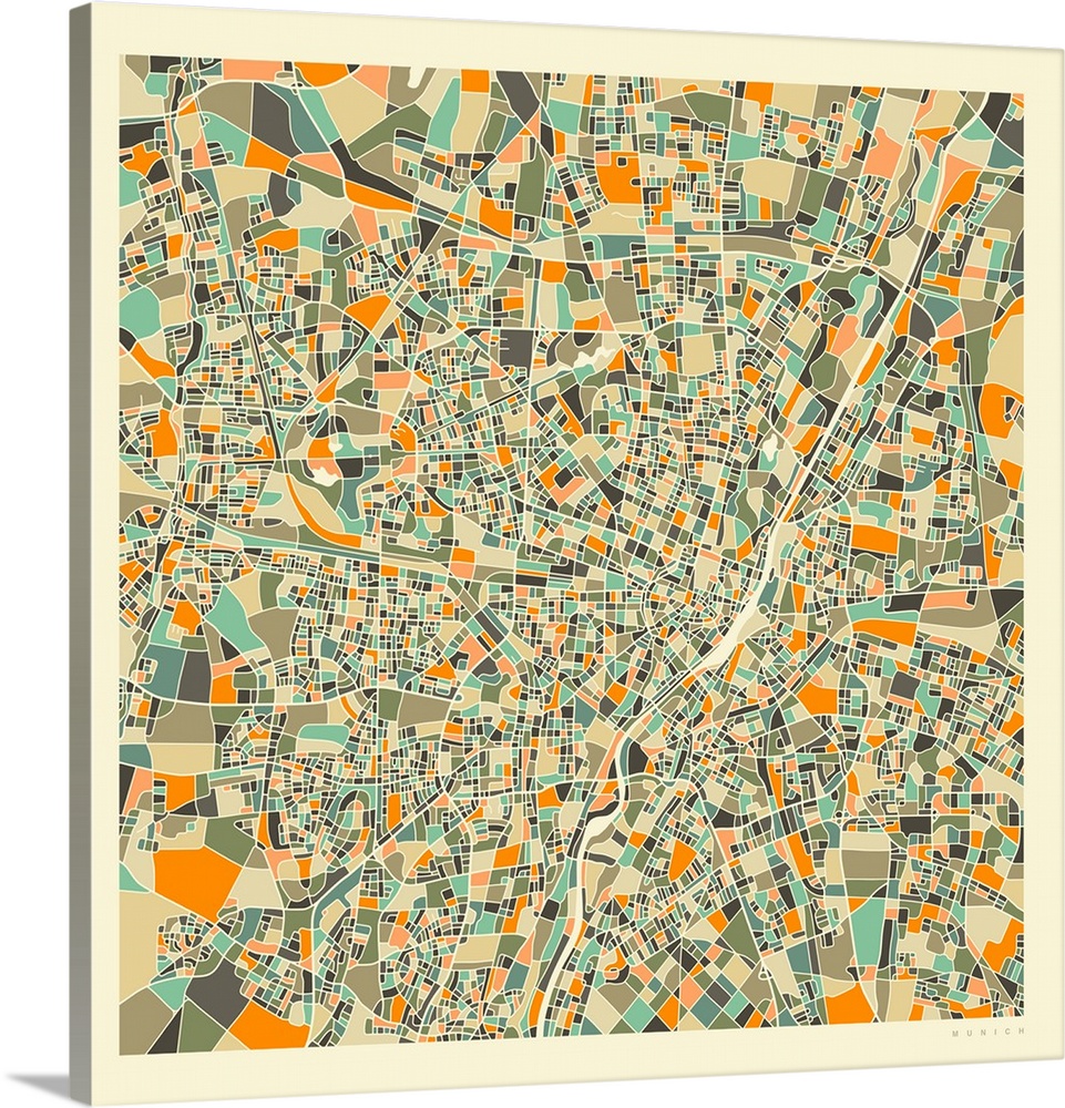 Colorfully illustrated aerial street map of Munich, Germany on a square background.