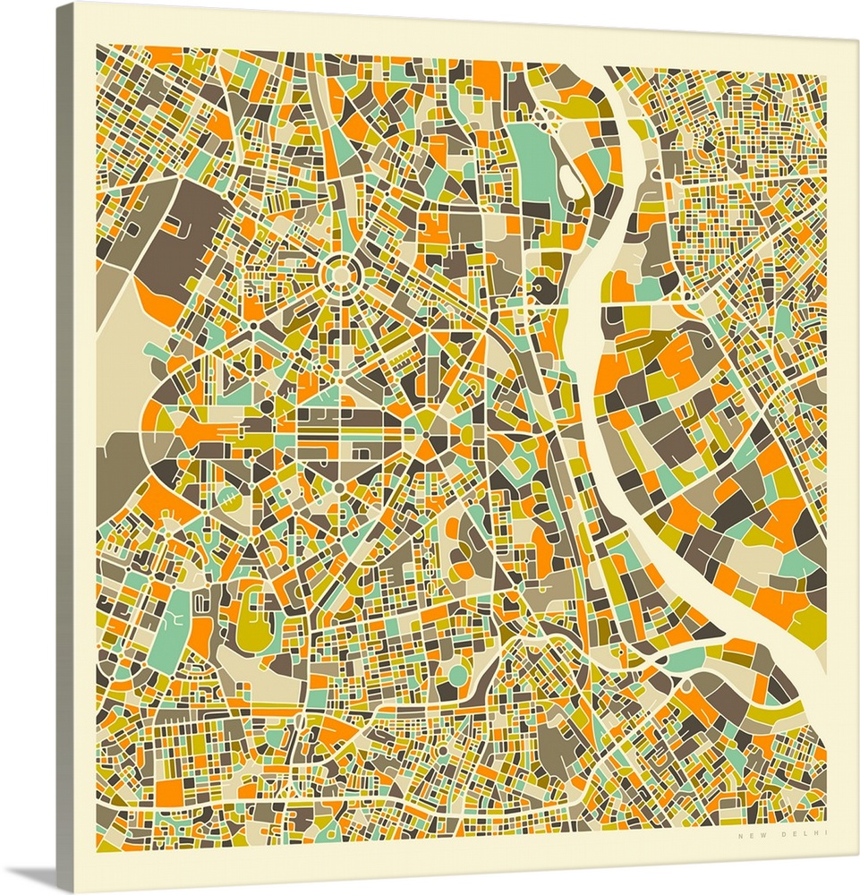 Colorfully illustrated aerial street map of New Delhi, India on a square background.
