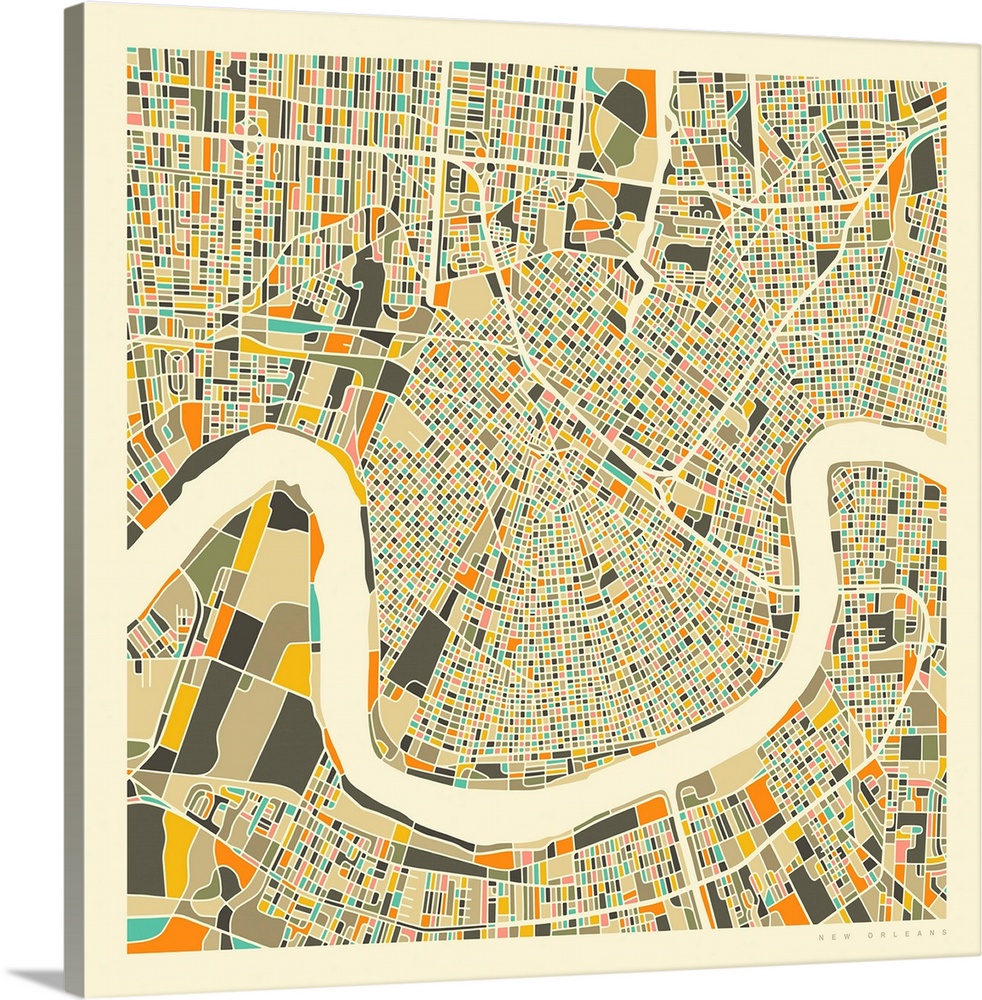 Colorfully illustrated aerial street map of New Orleans, Louisiana on a square background.