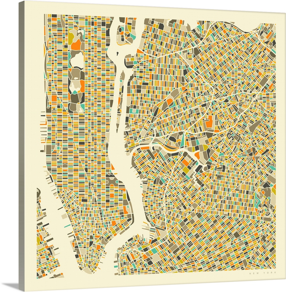 Colorfully illustrated aerial street map of New York City on a square background.