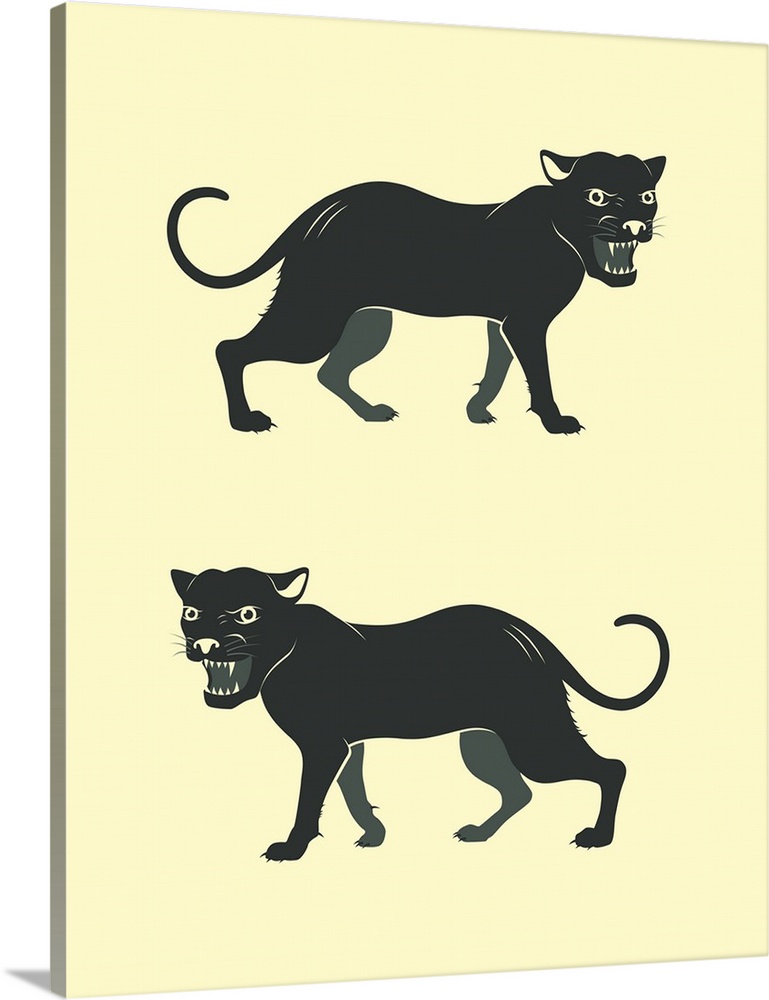 Illustration of two black panthers with their mouths open, created with black and cream hues.