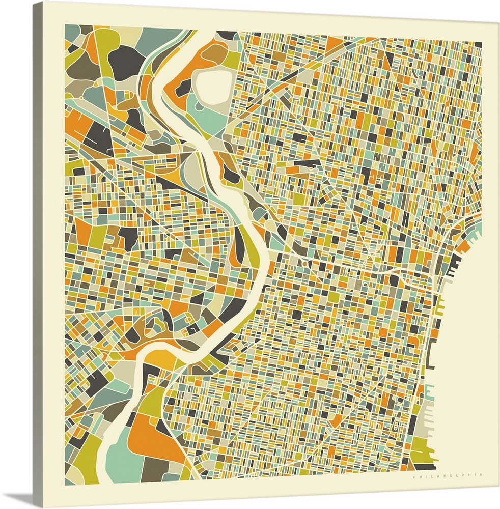 Colorfully illustrated aerial street map of Philadelphia, Pennsylvania on a square background.