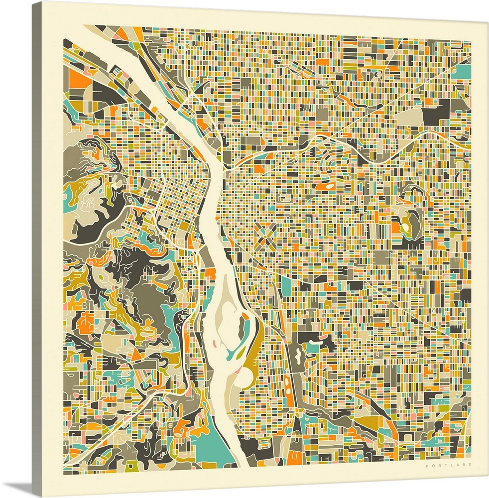 Colorfully illustrated aerial map of Portland, Oregon on a square background.