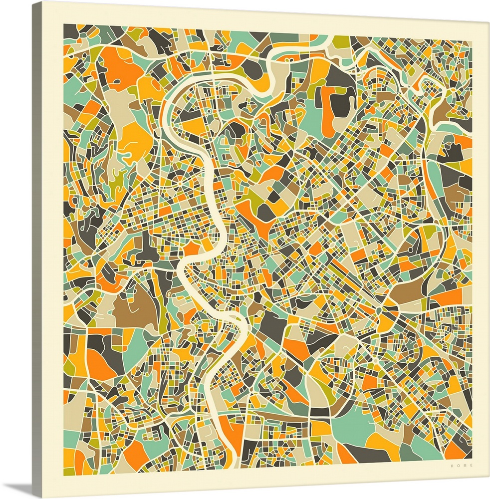 Colorfully illustrated aerial street map of Rome, Italy on a square background.