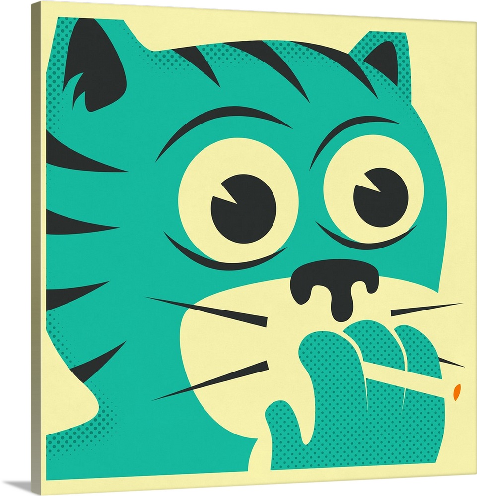 Illustration of a bright blue cat smoking a cigarette on a square cream colored background.