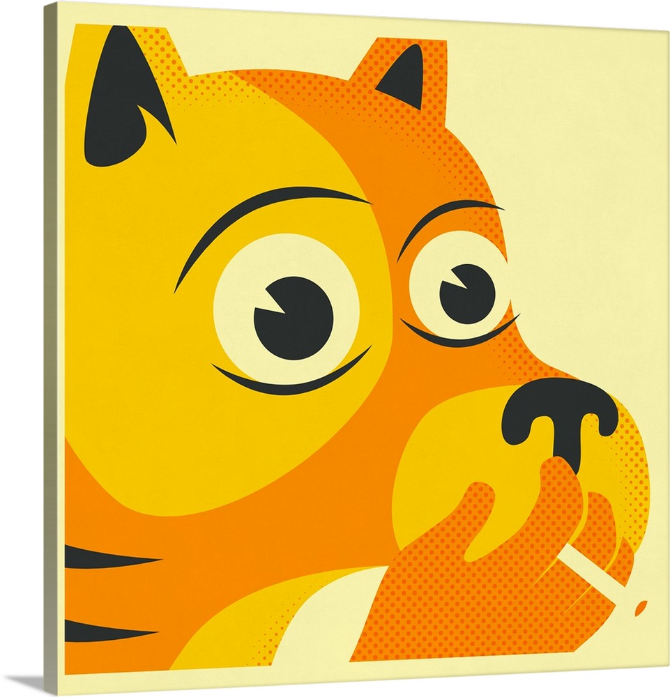 Illustration of a bright orange and yellow dog smoking a cigarette on a square cream colored background.