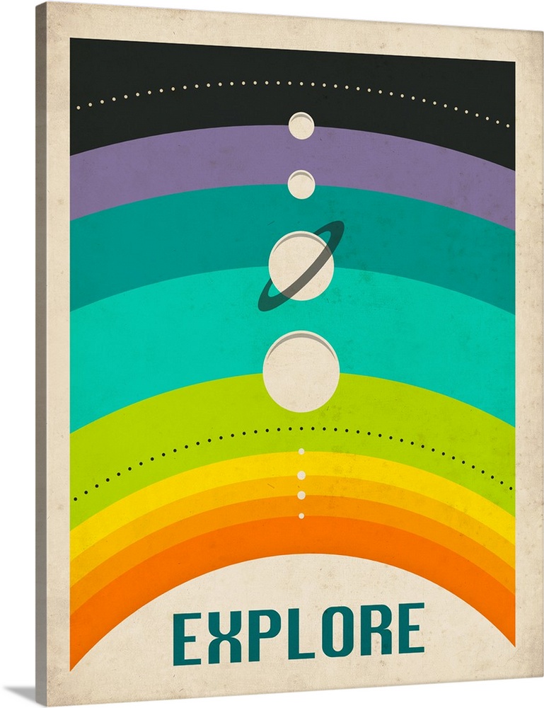 Retro style illustration of the planets in the solar system lined up on a rainbow background with the word "Explore" writt...