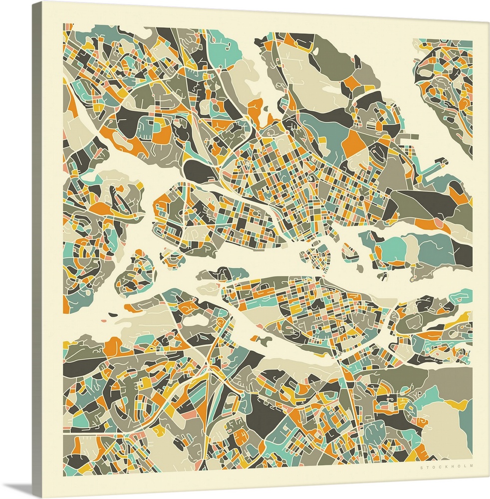 Colorfully illustrated aerial street map of Stockholm, Sweden on a square background.