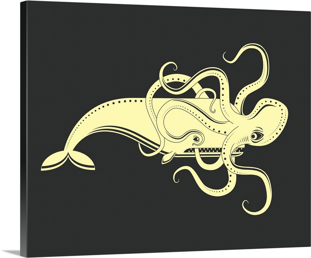 Illustration of a large octopus attached to a whales face, in cream and black.
