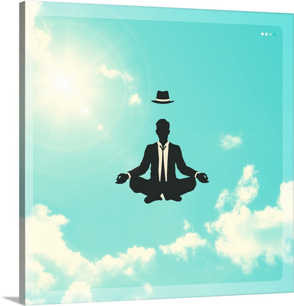 Conceptual illustration of a man in black and white meditating while floating in the bright, cloudy sky with his hat float...