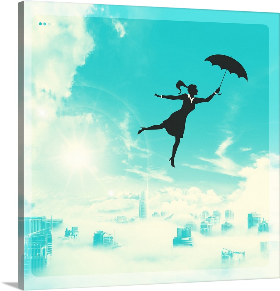 Conceptual illustration of a woman in black and white holding an umbrella and flying in the bright, cloudy sky above a lar...