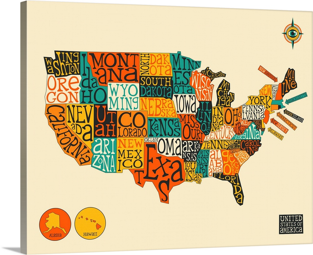 Illustrated map of the United States of America with the name of each state written out in the appropriate area.