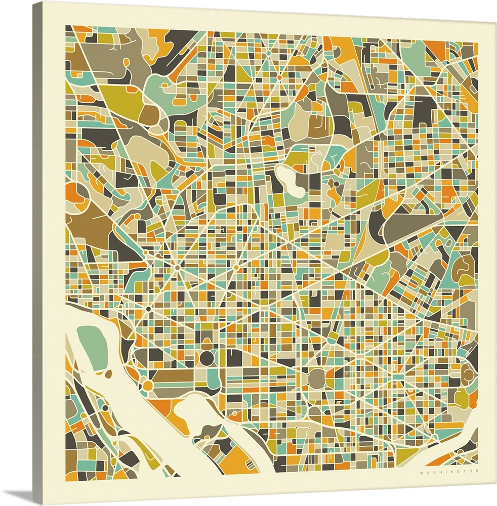 Colorfully illustrated aerial street map of Washington DC on a square background.