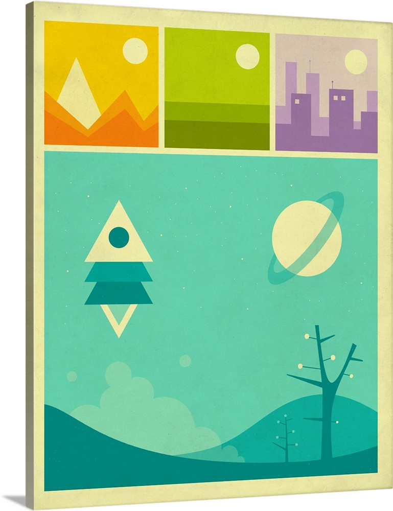Retro style illustration of the mountains, plains, and city in three boxes at the top and an illustration of an outer spac...