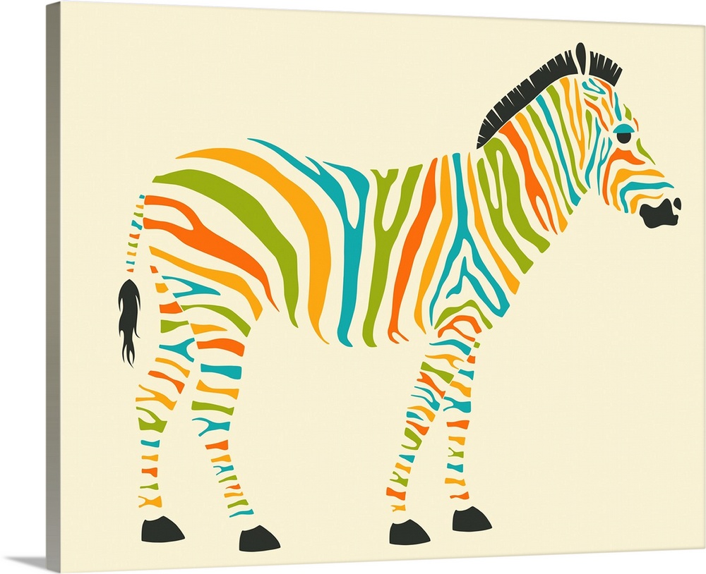 Whimsical illustration of a zebra with colorful stripes on a cream colored background.