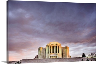 Cardston Alberta Temple, Sunset with Dramatic Clouds, Cardston, Alberta, Canada