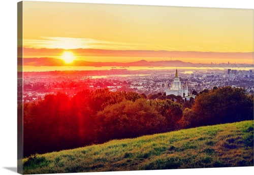 Oakland California Temple Sun Setting, From the Hill, Oakland, California Stretched Canvas Print