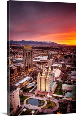 Salt Lake Temple, Aerial View at Sunset, Salt Lake City, Utah