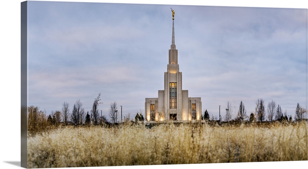 The Twin Falls Idaho Temple is located near Snake River Canyon. The spire on top of the temple, which holds the angel Moro...
