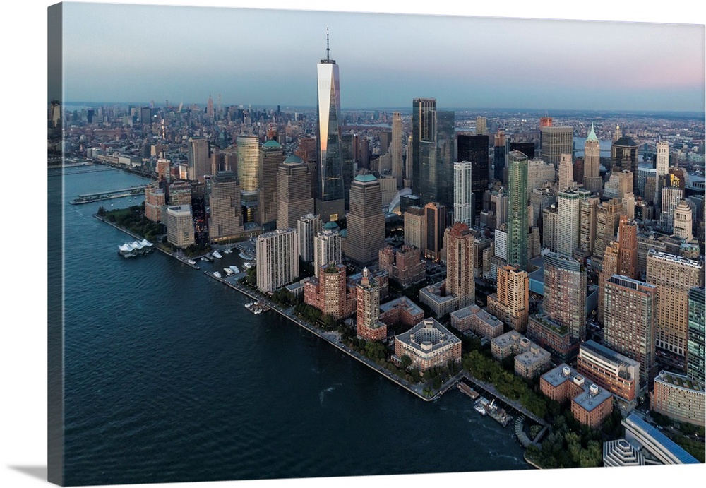 Aerial view of Freedom Tower and New York City