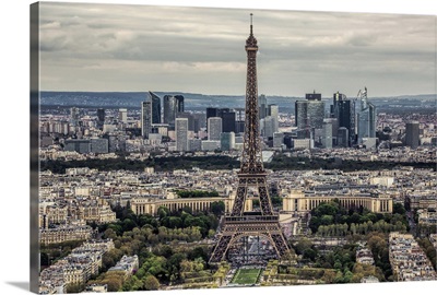 Aerial view of the Eiffel Tower and La Defense in Paris