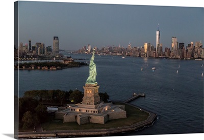 Aerial view of the Statue of Liberty and New York City
