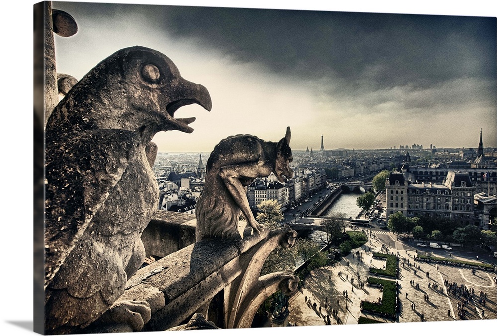 Two gargoyles on the edge of a balcony overlooking the city on a stormy day, the Eiffel Tower in the distance.