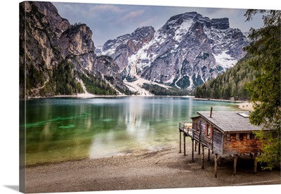 Boathouse On Lago Di Braies In The Dolomites