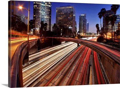 Car trails at dusk in downtown Los Angeles, California