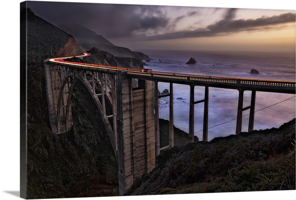 Car Trails at sunset on the Bixby Bridge, Big Sur, California