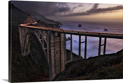 Car Trails at sunset on the Bixby Bridge, Big Sur, California