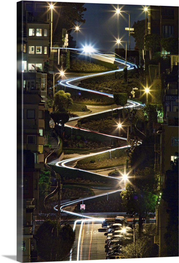 The lights from cars during the evening on Lombard Street in San Francisco, California.