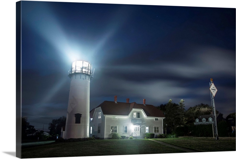 Chatham Lighthouse in Massachusetts after dark.