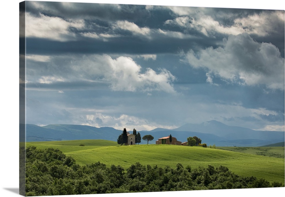 Church and fields in Tuscany.