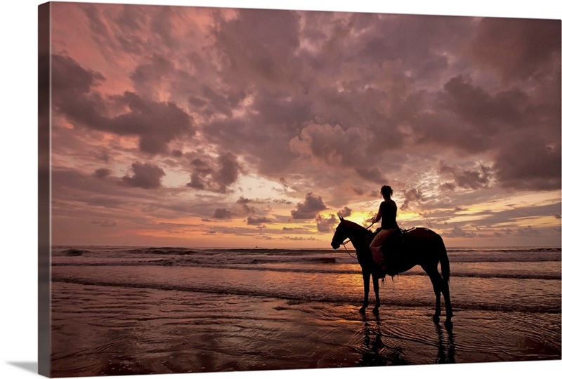 Colorful sunset on the beach with horse and rider | Great Big Canvas