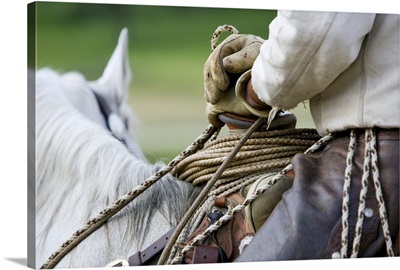 cowboy on horseback, holding the reins