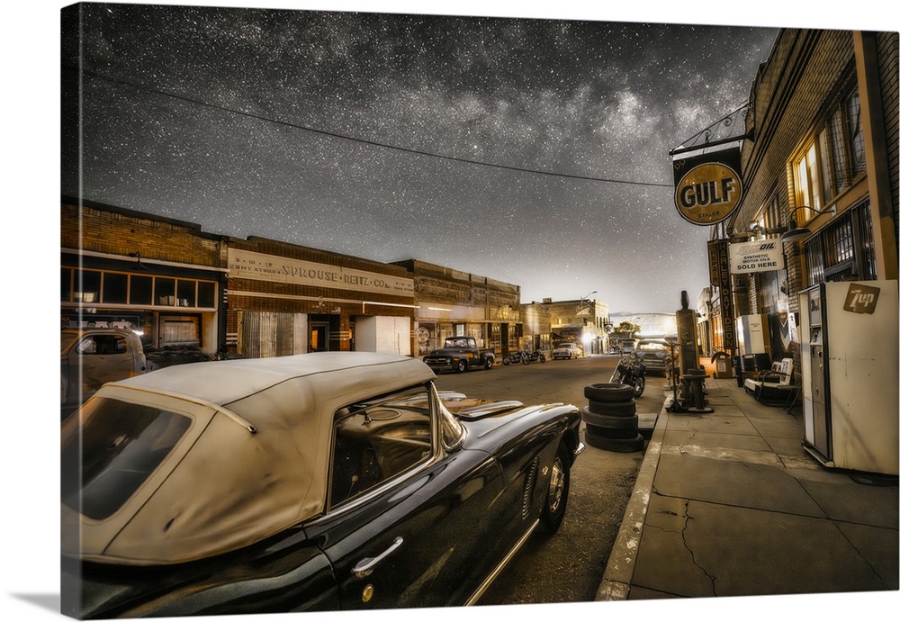 Erie Street in Bisbee, Arizona with classic cars and the Milky Way