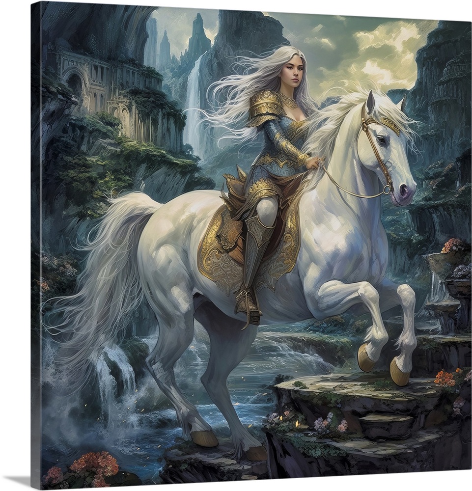 Fairy princess riding her white stallion in fantasy world.