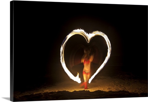 Firedancer making a heart design on the beach, Playa Del Carmen, Mexico  Solid-Faced Canvas Print