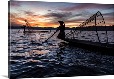Fishermen With Their Nets At Sunset In Inle Lake, Burma