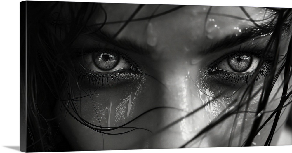 Close up of a woman's eyes in black and white.