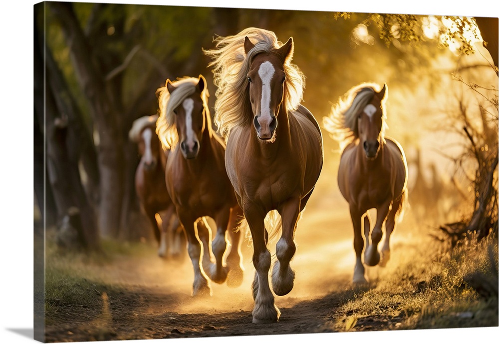 Horses running on a dusty road at sunset.