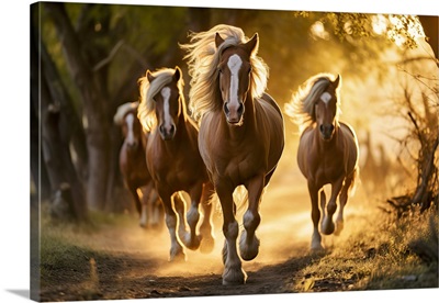 Horses Running On Dusty Road At Sunset