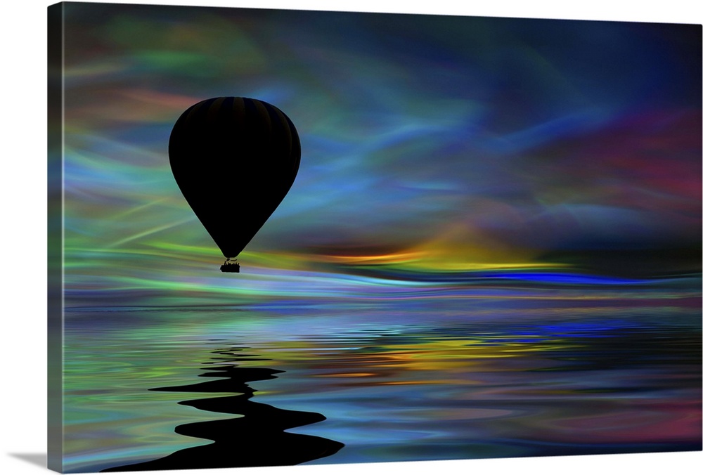 Hot air balloon floating across a surreal colorful sky