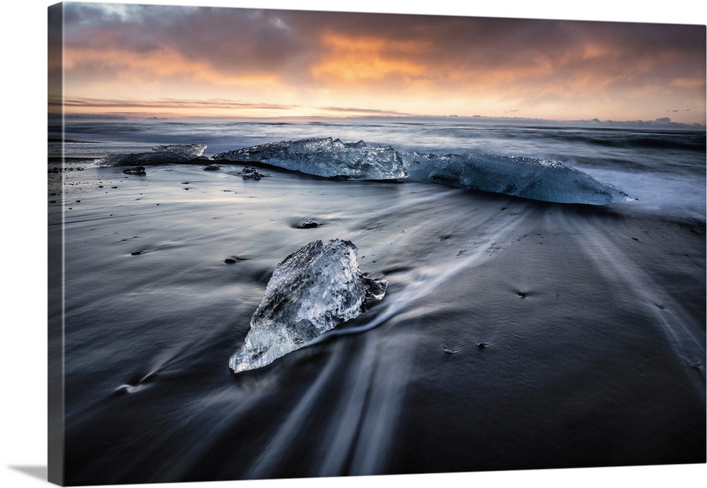 Small icebergs on the beach by Jokulsarlon lagoon, Iceland.