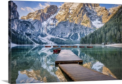 Lago Di Braies And Row Boats At Sunrise In The Dolomites