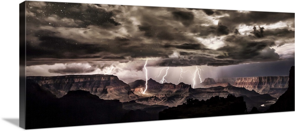 Lightning storm at night over the Grand Canyon.
