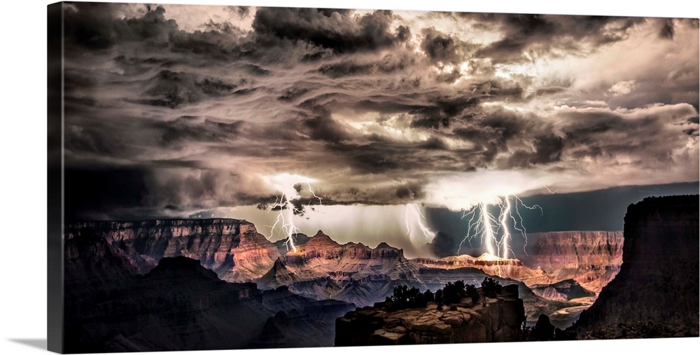 Lightning storm at night over the Grand Canyon