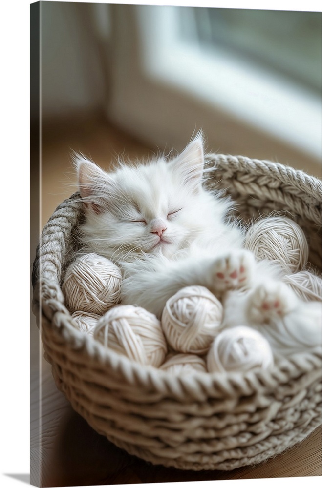 Little kitten sleeping in basket of yarn